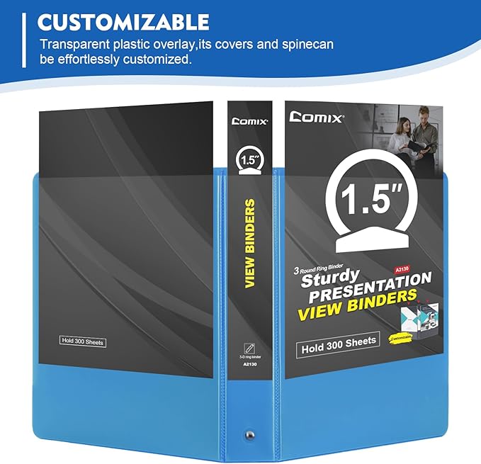 COMIX 3 Ring Binder 1.5 inch with Clear View Cover, 1.5" View Binder Holds 300 Sheets of US Letter Size Paper, 6 Pack (Light Blue)