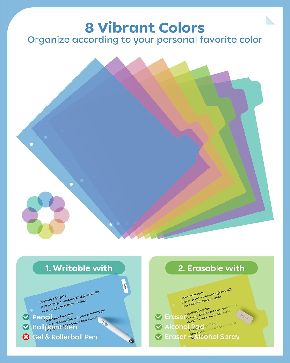 8 Tab Binder Dividers for 3 Ring Binder, 4 Set/32 Count, Thicken, Write & Erase Reusable Waterproof Plastic Binders for School & Office Files, Extra 80 Labels