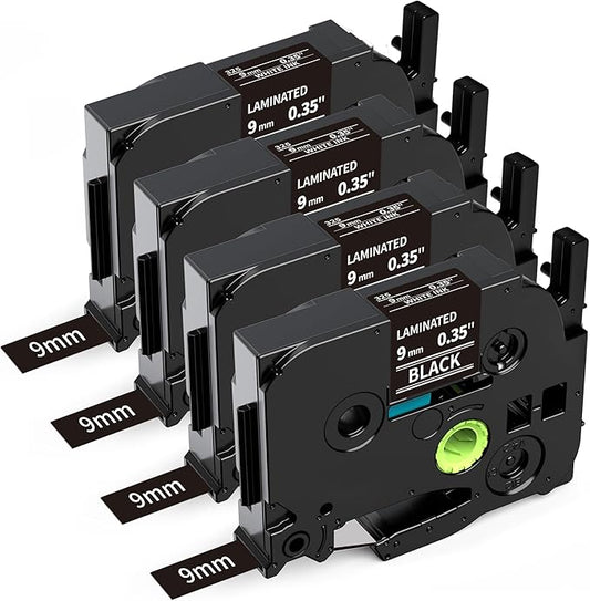 TZe-325 White on Black Label Tape 3/8" Replacement for Brother P-Touch LabelTape 9mm 0.35 Laminated TZ Tape TZe325 for Brother Label Maker PTD210 PTH110 PTD220 PT-1830 PT-1280 PT-1180, 4-Pack