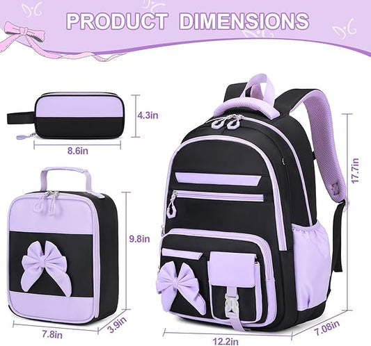 Backpack for Girls, 3PCS Girls Backpack for School with Lunch Bag Pencil Case, Cute Kids Teens Bookbag for Kindergarten Elementary Preschool Middle School (Black-Purple)