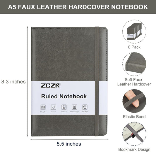 ZCZN 6 Pack Lined Journal Notebooks, 192 Pages A5 Hardcover Leather Journals for Work,Writing,School & Travel, College Ruled Journaling Notebooks for Notes Taking,Diary Notepad (Light Green*6)