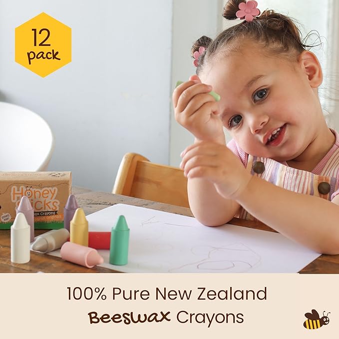 Honeysticks 100% Pure Beeswax Crayons (12 Pack) - Pastel Colored, Non Toxic Crayons, Safe for Babies and Toddlers, For 1 Year Plus, Made with Natural Beeswax and Food-Grade Colors, Eco-Friendly