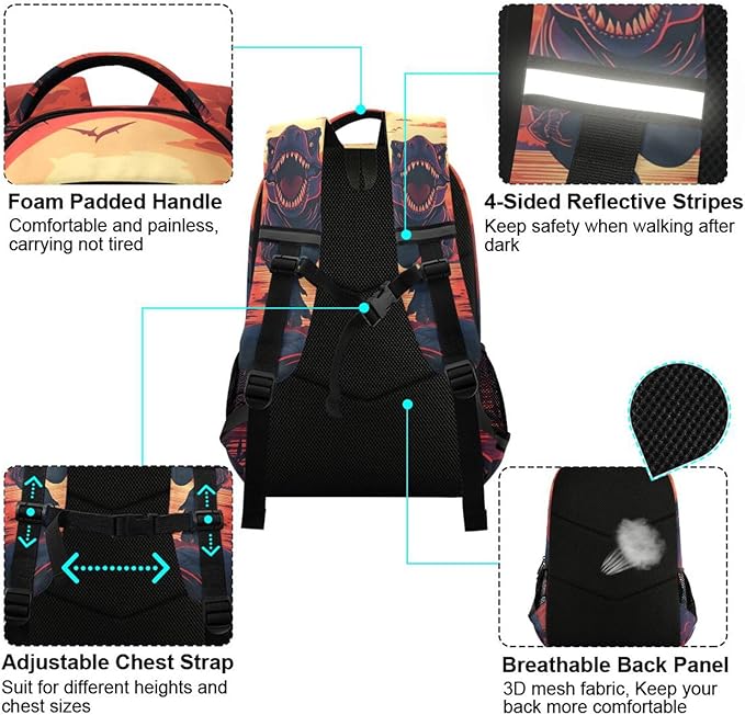 Dinosaur Sunset Backpack for Boys Girls Elementary School Bag Kids Bookbag Travel Rucksack