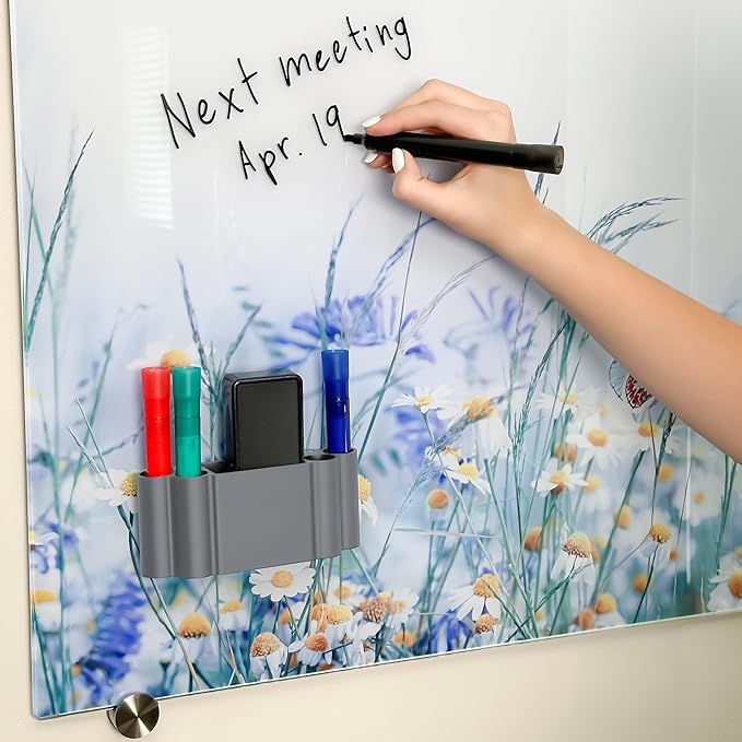 Glassboard Studio Magnetic Dry Erase Marker Holder - Super Strong for Magnetic Glass Whiteboard or Fridge - 2 Large Neodymium Magnets - No Slip Grip - Eco-Friendly PLA Plastic (Steel Gray)