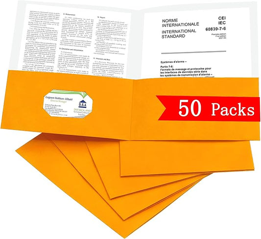 Zzrywuty 50 Packs Two Pocket File Folders with Business Card Slot,Textured Paper,Letter Size,Holds 100 Plus Sheets for School,Office,Business,Orange (Orange-50Pcs)