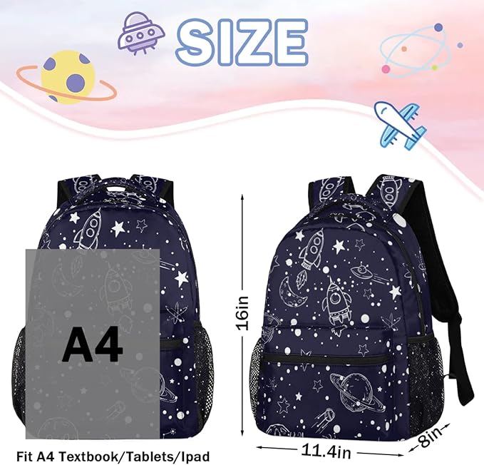 Kids Backpack for Boys Girls - School Bags for Primary Middle High School College Waterproof Casual Daypack Bookbag Lightweight Laptop Travel Backpack (Navy Universe Rocket)