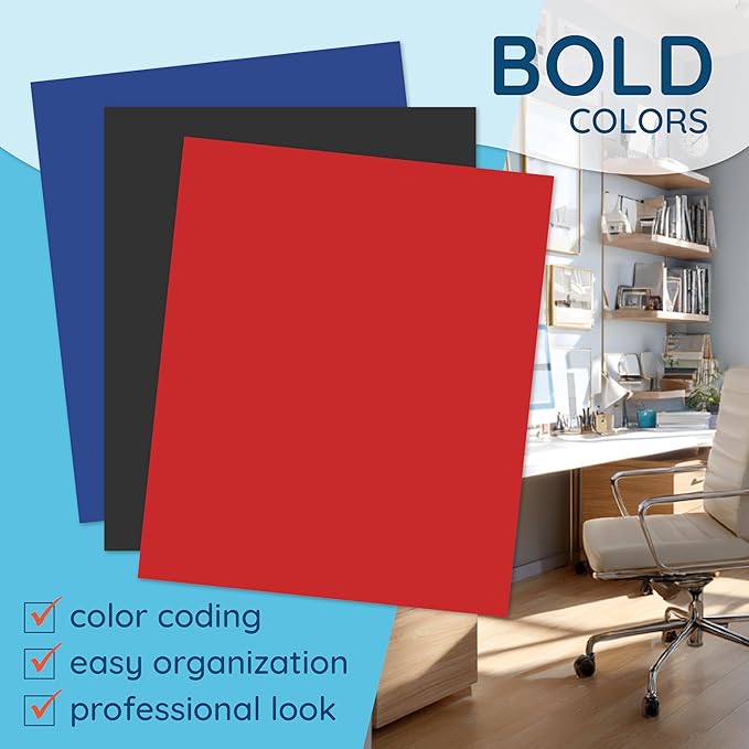 Blue Summit Supplies 30 Pack Two Pocket Plastic Folders Bulk, 2 Pocket Plastic Poly Folders, Bold Assorted Dark Colors, Black, Blue, and Red Color, Durable, Letter Size with Business Card Slot