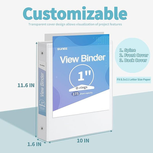 SUNEE 3 Ring Binder 1 Inch 12 Pack, Clear View Binder Bulk Three Ring PVC-Free (Fit 8.5x11 Inches) for School or Office Supplies, White