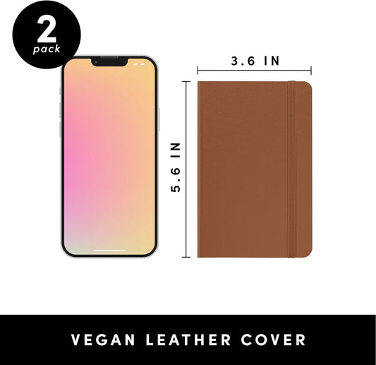 PAPERAGE Lined Pocket Journal Notebook, 2 Pack, (Cognac), 160 Pages, Small Notebook, 3.6 inches x 5.6 inches - 100 GSM Thick Paper, Hardcover