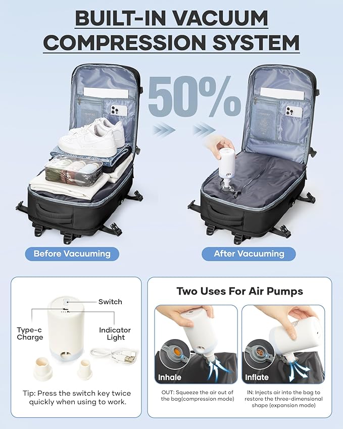 coofay Vacuum Backpack Travel with Pump Vacpack Travel Backpack with Vacuum System Compression Backpacks