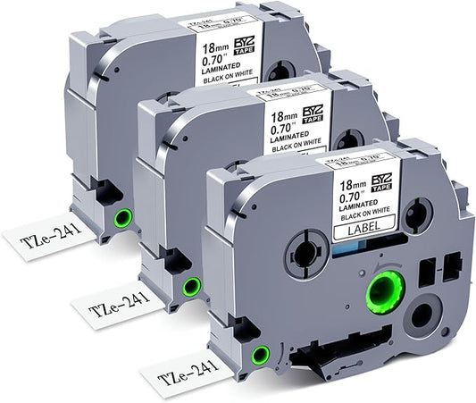 TZe/TZ Tape 18mm 0.7 Laminated White Replacement for Brother P Touch TZe-241 TZe241 18mm Label Maker Tape for Brother PTD400AD D600 D410 P710BT D400AD, Black on White, 3-Pack