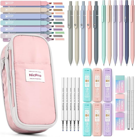 Nicpro 39 PCS Aesthetic School Supplies with Cute Pink Pencil Case, 12 Pastel Highlighters, 5 Quick Dry Black Ink Pens, 6 Mechanical Pencil 0.5 & 0.7 mm for Girls Student Stationary College Essentials