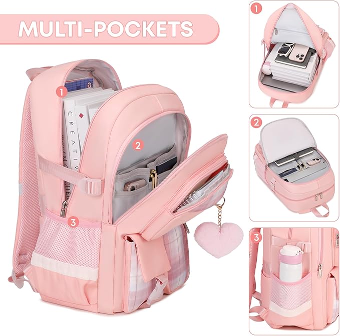 3PCS Backpack For School Women College Middle High Teen Girls Student Bookbag Waterproof Laptop Bag Plaid Pink