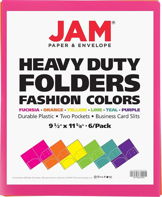 JAM PAPER Heavy Duty Plastic 2 Pocket Extra Tough School Folders - Assorted Fashion Colors - Bulk 48 Folders/Box (8 Assorted Packs of 6)