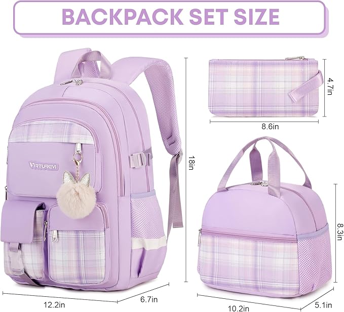 3PCS School Backpack For Student Women College Middle High Teen Girls Bookbag Waterproof Laptop Bag Plaid Purple