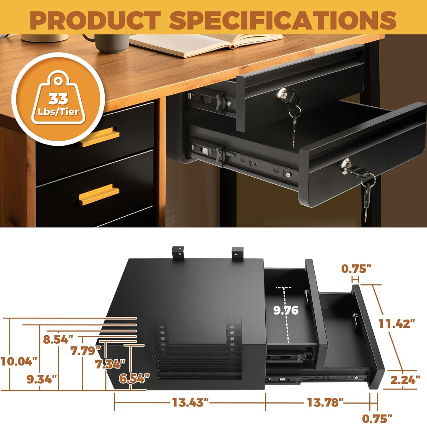 14 In Double Under Desk Drawer,Under Desk Pull Out Drawer with Lock and Keys,Adjustable Height, Metal Storage Drawer with Slide Extension Mounted Under Flat Wooden Table or Workbench, Black
