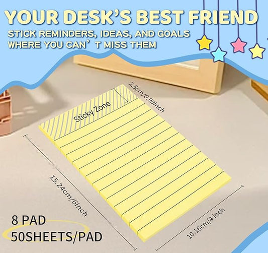 (8 Pads) Agoer Lined Sticky Notes 4x6 in, Light Yellow Self-Stick Notes Pad with Blue Lines, Ruled Sticky Notes for Office, School, Home, 50 Sheets/Pad, 80gsm Paper, Strong Adhesive Memo Pads