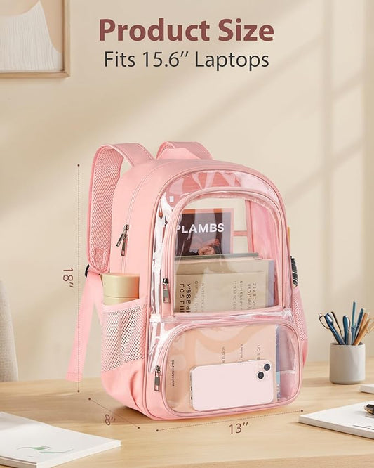 Clear Backpack, Heavy Duty Transparent Bookbag for School, Fabric & PVC Transparent Backpack with Reinforced Strap for Women Men, Capacity Clear Bag for College, Travel, X-Large Pink