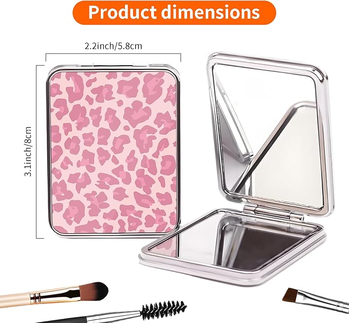 Compact Pocket Mirror, Cute Travel Mini Mirror with Magnification, Foldable Double-Sided Portable Cosmetic Mirror for Men, Women Pink Leopard
