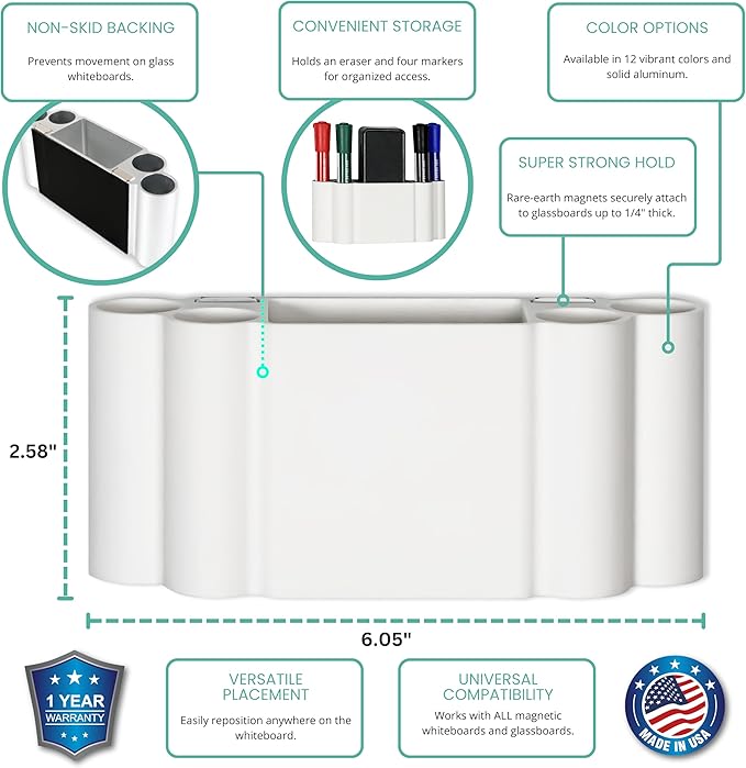 Glassboard Studio Magnetic Dry Erase Marker Holder - Super Strong for Magnetic Glass Whiteboard or Fridge - 2 Large Neodymium Magnets - No Slip Grip - Eco-Friendly PLA Plastic (Snow White)