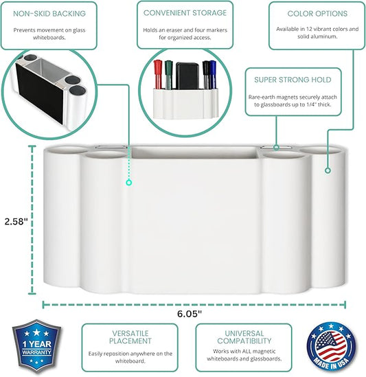 Glassboard Studio Magnetic Dry Erase Marker Holder - Super Strong for Magnetic Glass Whiteboard or Fridge - 2 Large Neodymium Magnets - No Slip Grip - Eco-Friendly PLA Plastic (Snow White)