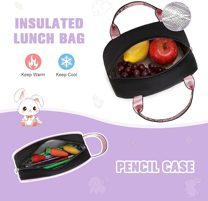 Bevalsa School Backpack for Girls, Backpack with Lunch Box & Pen Case, Bookbag for Girls Kids Elementary Middle High School Student 21L Children Schoolbag (Purple Black)