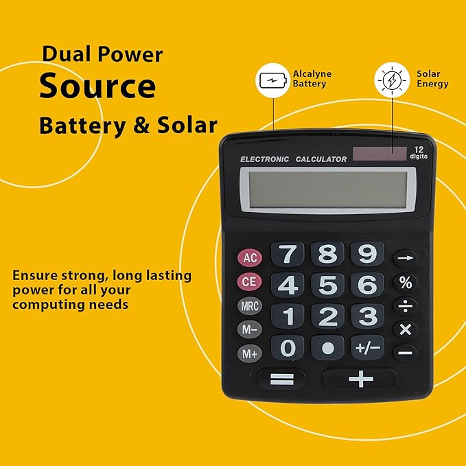 Lily' Home Jumbo 12 Digit with Solar Power, Large LCD Display - Desktop Calculator, Dual Power, Large Button Design, Battery Operation, Easy-to-Read Tilted, for Home, Office, School, Class & Business