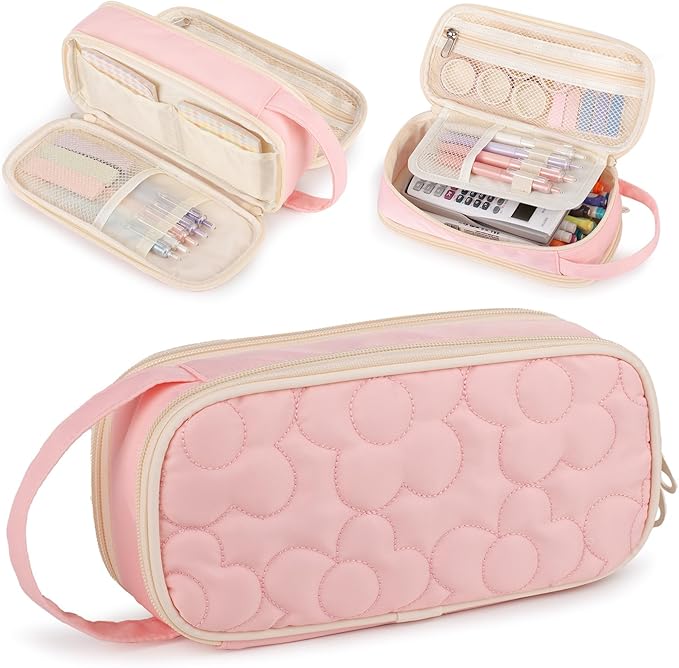 Pencil Case For Girls,Flower Quilted Large Capacity Pencil Pouch With 2 Compartment, Zipper Pencil Bag With Handle, Women Soft Pencil Box For Middle School Office College