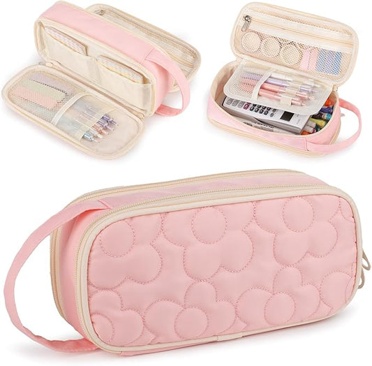 Pencil Case For Girls,Flower Quilted Large Capacity Pencil Pouch With 2 Compartment, Zipper Pencil Bag With Handle, Women Soft Pencil Box For Middle School Office College