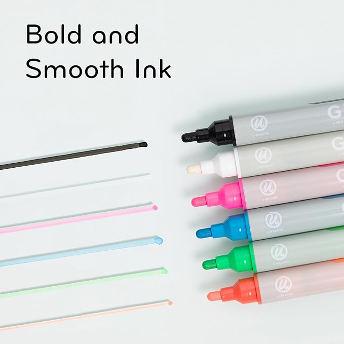 U Brands Bold Tip Liquid Glass Whiteboard Markers with Eraser for Glass Boards, Dry Erase Boards, and Chalk Boards, Assorted Bright Colors, Set of 12