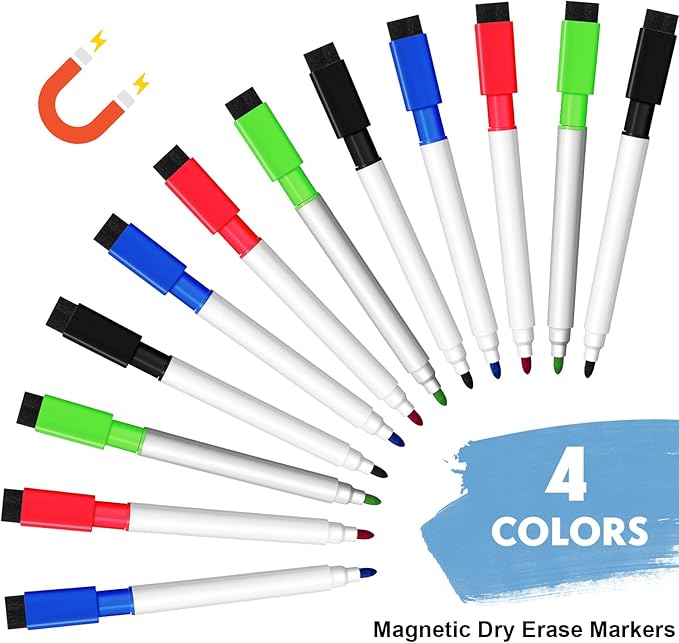 Kosiz 200 Pcs Magnetic Dry Erase Markers Fine Point Tip Whiteboard Markers with Eraser Cap Magnetic Dry Erase Pens Erasable Pens for Whiteboard Dry Boards(Black, Red, Blue, Green)