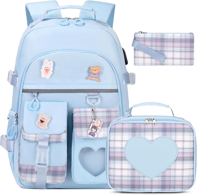 Backpack for Girls - Bookbag Backpacks Schoolbag for Girls Kids Teen Women Casual Travel Daypacks - School Bag Elementary Middle School College Cute Backpack with Lunch Box (Blue)