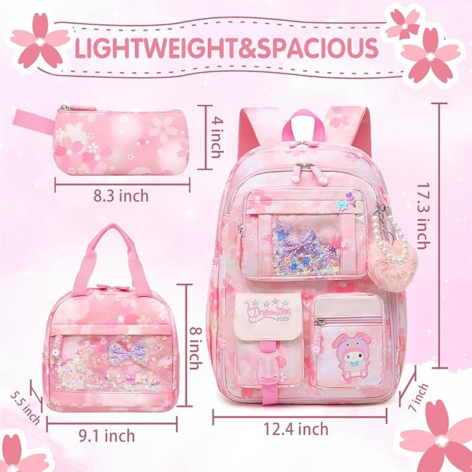 Lovely Girls Backpack School Bag for Students Kids Book Bag with Multiple Pockets Splash-proof Children's Backpack（17inch Set Pink）
