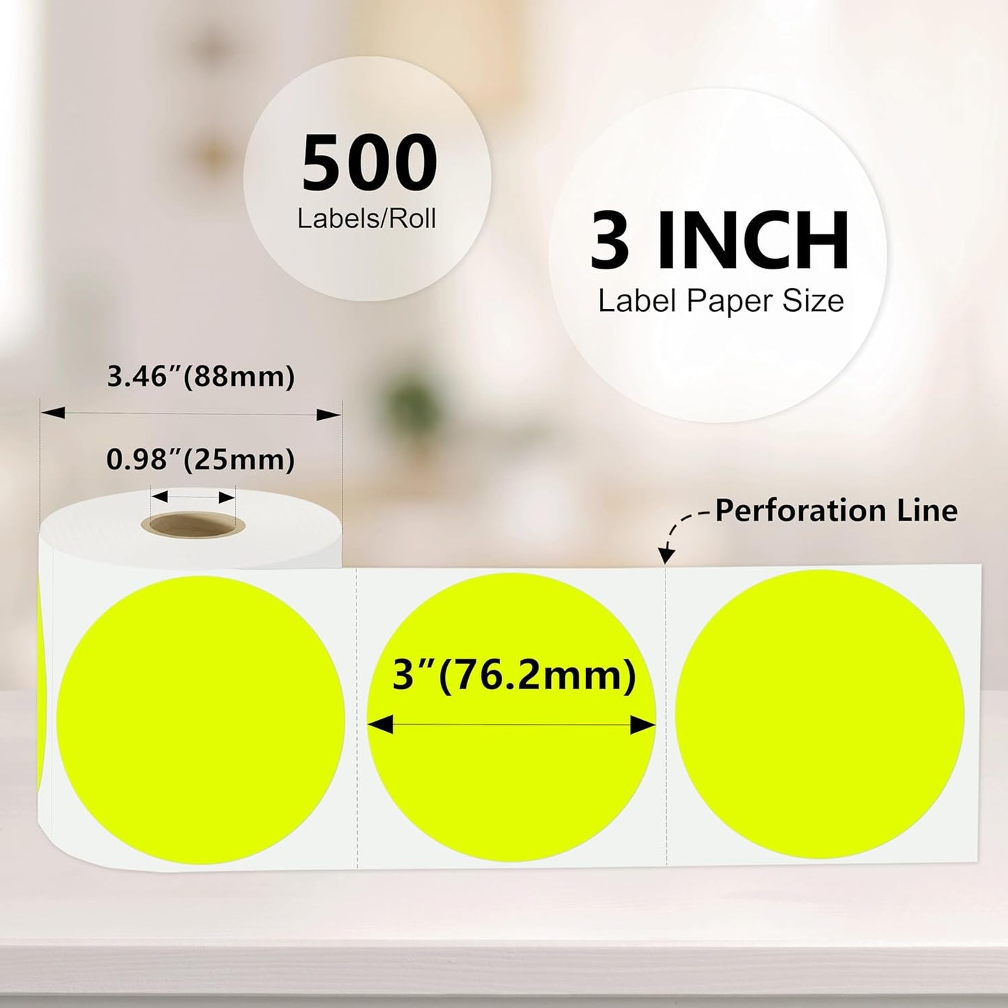 3 X 3 Inch Color Coding Dot Labels Circle Thermal Printable Waterproof 2000 Pcs Round Stickers Adhesive Writable for Office, Home, Garage, DIY Sticker, Barcodes, Name Tag, Fluorescent Yellow