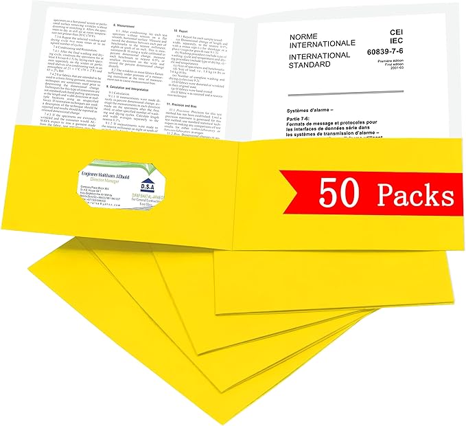 Zzrywuty 50 Packs Two Pocket File Folders with Business Card Slot,Textured Paper,Letter Size,Holds 100 Plus Sheets for School,Office,Business,Yellow