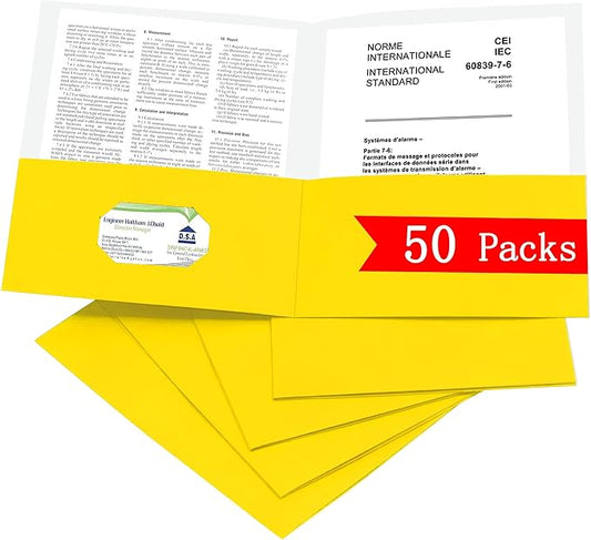 Zzrywuty 50 Packs Two Pocket File Folders with Business Card Slot,Textured Paper,Letter Size,Holds 100 Plus Sheets for School,Office,Business,Yellow