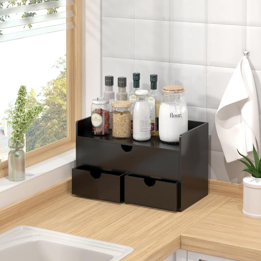 Bamboo Desk Organizer with Drawers Desktop Storage Drawers for Bills Office Supplies Kitchen Utensils Organizing Tool for Home Classroom Organization No Assembly (Black with Shelf)