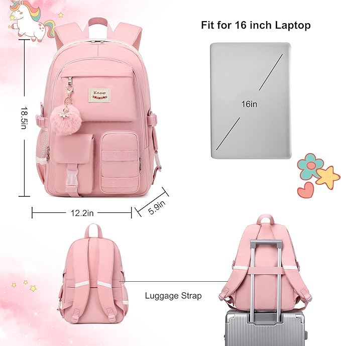 Girls Backpack,15.6 Inch Laptop School Bag Large Primary Elementary Middle College Bookbags Kids Backpacks for Teens Girls Women Students Anti Theft Travel Daypack (Pink)