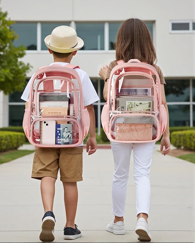 Clear Backpack, Heavy Duty Transparent Bookbag for School, Fabric & PVC Transparent Backpack with Reinforced Strap for Women Men, Capacity Clear Bag for College, Travel, X-Large Pink