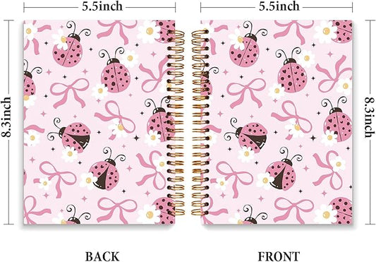 JXREQ Coquette Pink Bow Ladybug Floral Notebook Journal for Women Note Taking Study Writing, Preppy School Supplies, Pink Preppy Floral Spiral Notebooks 5.5x8.3