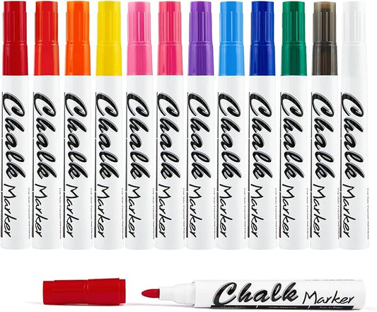 Volcanics 12 Pack Liquid Chalk Markers – 12 Bright Colors – Round Tip Wet Erase, Dust-Free, Non-Toxic, Kid-Safe Chalk Pens for Chalkboards, Glass, Windows, LED Signs