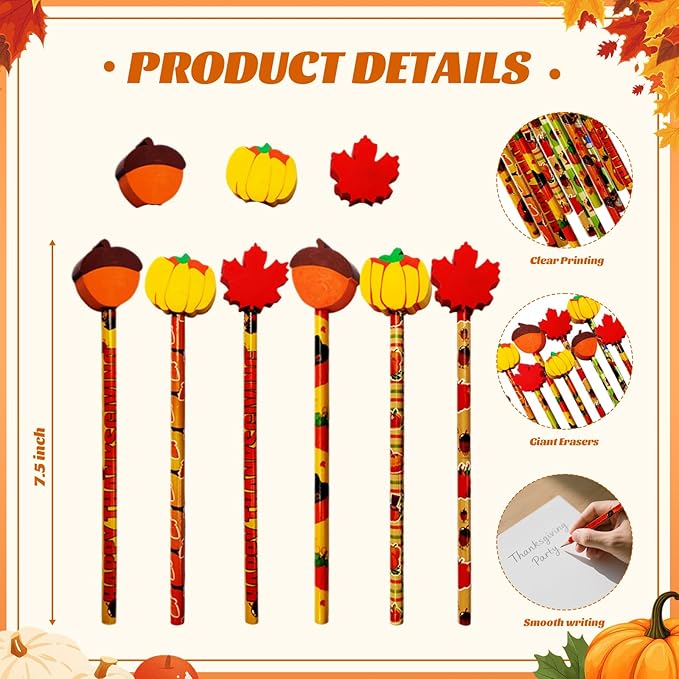 Fall Pencils Thanksgiving Pencil Halloween Pencils with Giant Maple Leaves Pumpkins Scarecrow Eraser Fall Stationery Pencil for Thanksgiving Party Favor(36)