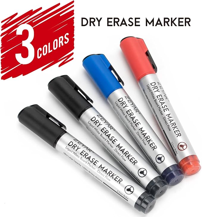 ZEYAR Dry Erase Marker Low-Odor Bullet Tip, Ultra-Large Capacity, Advanced Direct Flow Structure, Whiteboard Marker for School, Office, Home, 4 Count (2 Black,Blue,Red)