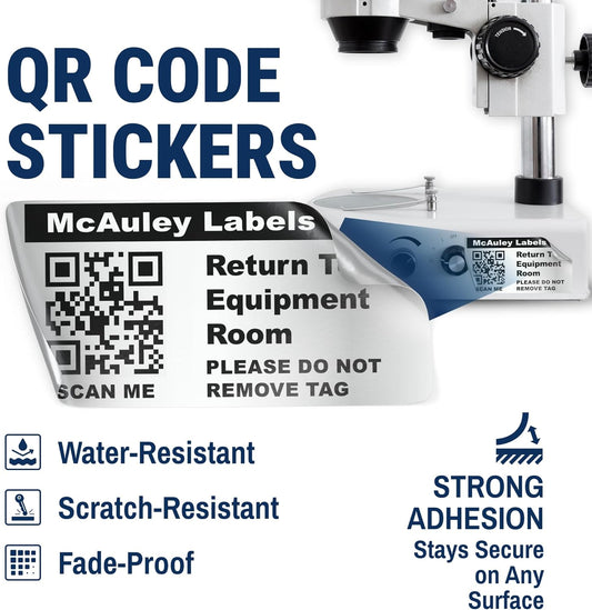 McAuley Labels Custom QR Code Stickers - Numbered, Permanent, Adhesive Asset Tags for Equipment - Metalized Silver Polyester - 1.5x0.75 Inches