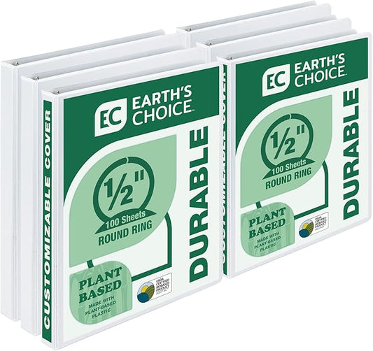 Samsill I08917 Earth's Choice Biobased Presentation Binder, 3 Ring Binder, Half Inch, Round Ring, Customizable, White, 6 Pack