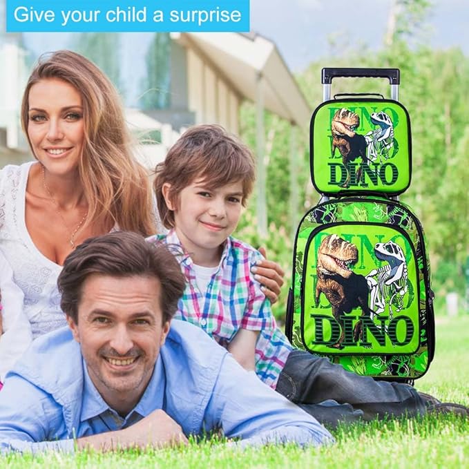 CCJPX 3PCS Dinosaur Kids Rolling Backpack Boys, School Bookbag with Wheels, Travel Roller Wheeled Backpacks for Toddler Elementary-Green