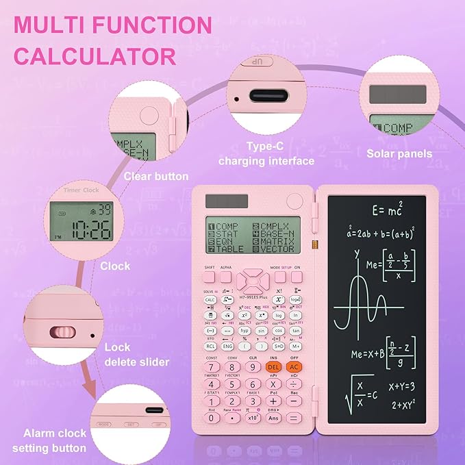 Scientific Calculators, Rudnia Pink Calculator with Alarm Clock, 417 Functions and Type-C Rechargeable, Ideal for Middle High School Students and Teachers (Pink)
