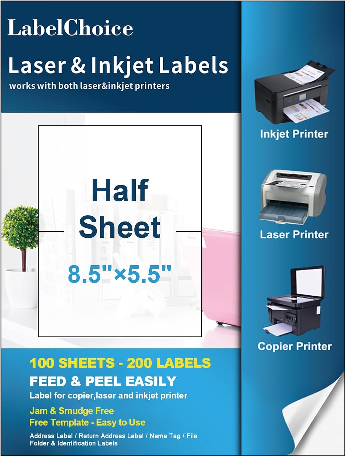 100 Sheets 200 Labels Half Sheet Self Adhesive Shipping Labels for Laser & Inkjet Printers, 8.5" x 5.5" Shipping Mailing Labels, 2 per Page Shipping Labels, 5 1/2 x 8 1/2 Half Sheet Labels
