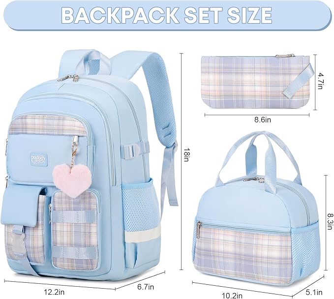 3PCS Student Backpack For School Women College Middle High Teen Girls Bookbag Waterproof Laptop Bag Plaid Blue