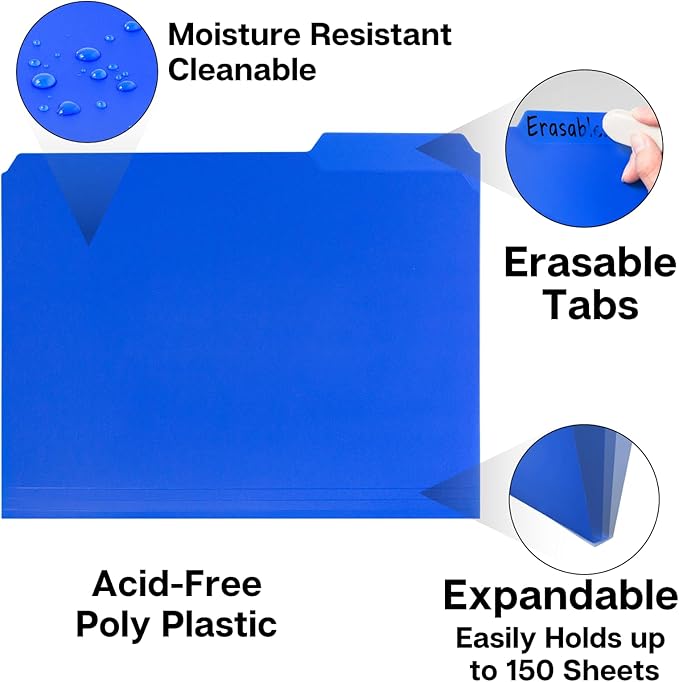 Dunwell Plastic Colored File Folders (24 Pack), Colorful 1/3 Tab Filing Folders for Letter Size Documents, Manila Sleeves 8.5 x 11, Acid-Free Poly for Long Term Storage, Includes Labels